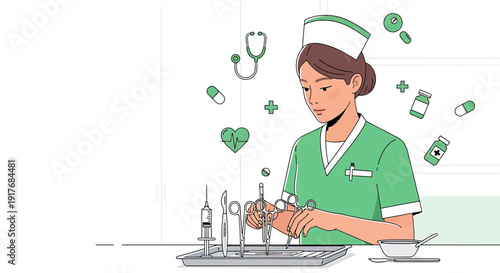 Nurse with Medical Instruments and Healthcare Symbols