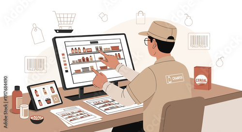 Online Grocery Shopping App Interface - Man Ordering Food Products on Computer