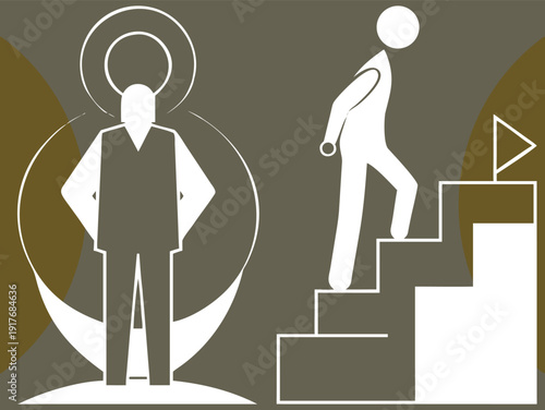 Conceptual illustration of a business professional overseeing an employee climbing stairs, representing career growth and corporate hierarchy.