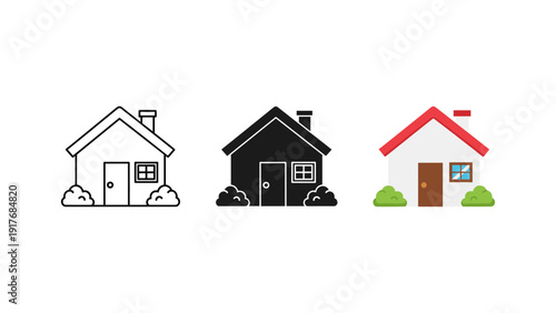 Three modern minimalist house icons vector illustration set isolated on white background for real estate design
