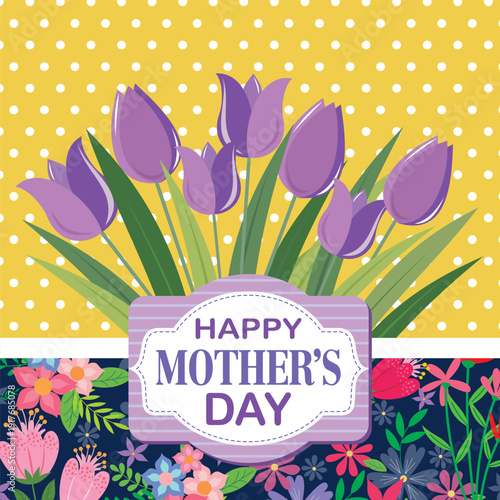 Happy Mother's Day Card with Purple Tulips and Floral Accents