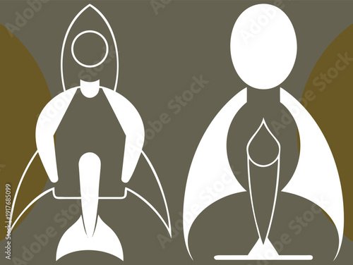 Minimalist vector illustration depicting a rocket and a person in a meditative pose, symbolizing growth and focus for businesses.