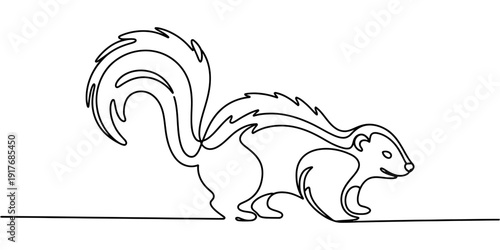 Single continuous line drawing of a cute skunk walking on a white background illustration.