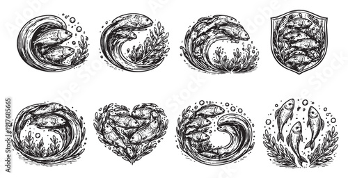 Black and white vector illustration set of fish designs with waves and seaweed. Perfect for nautical themes, restaurant menus, fishing industry, or nature related projects.