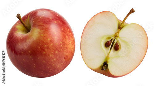 A whole red apple and a sliced red apple on a white background