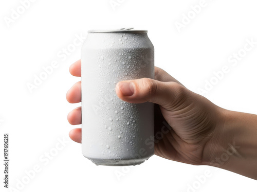 Hand holding a white beverage soda can isolated on transparent background