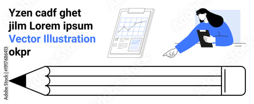 Education, documentation, business planning, data analysis, communication, office tools. Clipboard with graph, person with documents pencil. Education and business planning concept