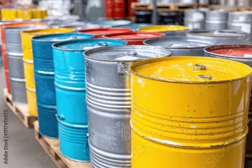 Rows of vibrant steel drums in varied colors create a captivating scene, highlighting the beauty of industrial storage in a spacious warehouse