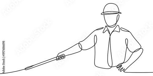Continuous line drawing of a construction worker wearing a hard hat and holding a tool