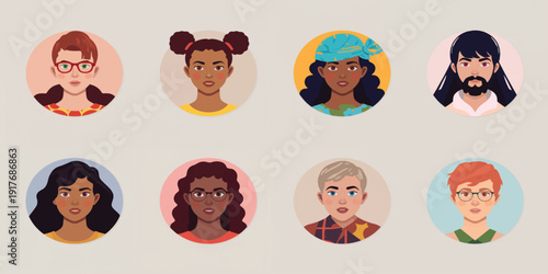 Diverse Avatar Icon Set – Modern Flat Portrait Illustrations in Circular Frames