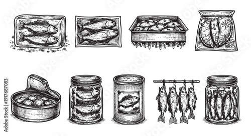 Black and white illustration showcasing different ways of preserving fish. Includes canning, smoking, freezing, and pickling. Useful for food packaging design or vintage-themed menus.
