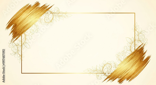 Elegant gold frame with brush stroke corner and floral ornaments on cream background luxury invitation template for wedding anniversary or certificate border design