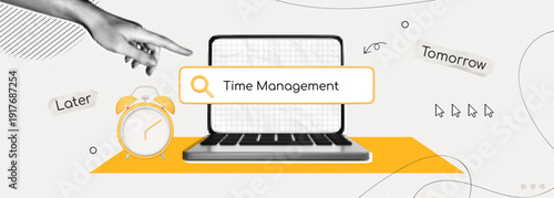 Trendy Halftone Collage Time Management concept. Computer laptop with employees hand and search bar. Find effective organization of processes. Business planning. Contemporary vector illustration art