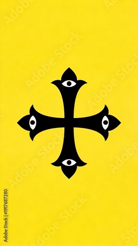 Bold black cross with four eye motifs on bright yellow background, minimal graphic symbol for mystery and surveillance themes, striking design for Halloween and occult culture