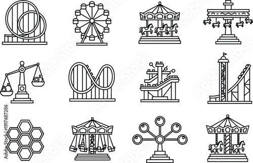 Amusement Park Ride Line Icon Set with Ferris Wheel, Roller Coaster, Carousel, Swing Ride and Funfair Attractions Vector Collection
