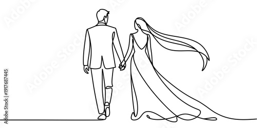 Continuous line drawing of a bride and groom walking away while holding hands together