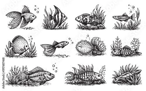Hand-drawn black and white illustration featuring different fish species in aquatic scenes with plants and rocks. Ideal for book illustrations, educational materials, or design elements.