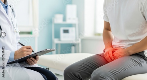 Professional doctor writing diagnosis on clipboard while consulting male patient with pain in groin area. Urology and men health concept with red spot.