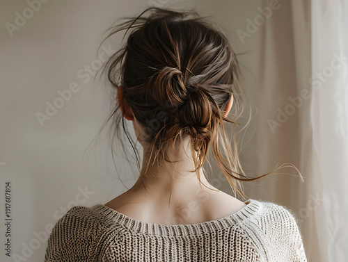 Back View of Woman with Casual Messy Bun Hairstyle / カジュアルな無造作お団子ヘアの女性の後ろ姿
