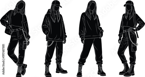 Urban streetwear women silhouettes collection, fashionable female models in casual hip hop outfits vector illustration isolated on white background