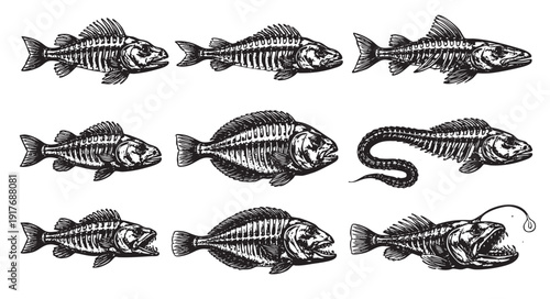 A set of detailed fish skeleton illustrations in black ink on a white background. Perfect for educational materials, tattoos, vintage designs, or spooky Halloween themes.