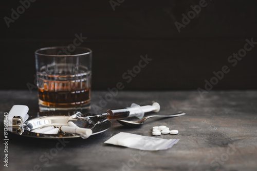 Принти на полотні Concept of substance abuse and drug addiction, glass of alcohol, ashtray with ci