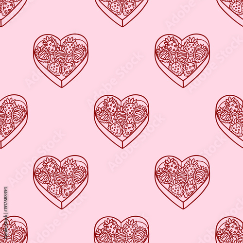 Romantic seamless pattern featuring heart shaped gift box filled with chocolate dipped strawberries. Confectionery theme with festive mood. Background for party, holiday, valentine day, birthday
