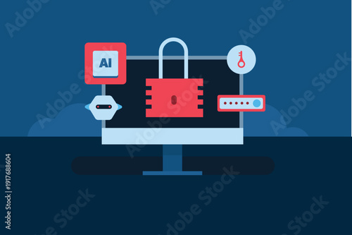 AI security system protecting financial data from unauthorized access. AI preventing data breach and cyber attacks.