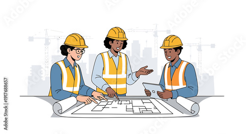 Diverse team of architects and engineers reviewing blueprints on a table