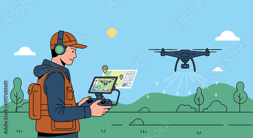 Drone Pilot Operating Remote Control With Map and Tablet Outdoors