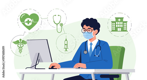 Doctor Using Computer for Medical Consultation and Health Care