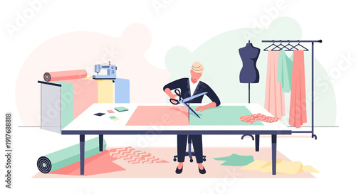 Fashion designer cutting fabric at a table with sewing machine and mannequin