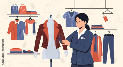 Fashion Stylist Arranging Clothes on Mannequin in Boutique Display