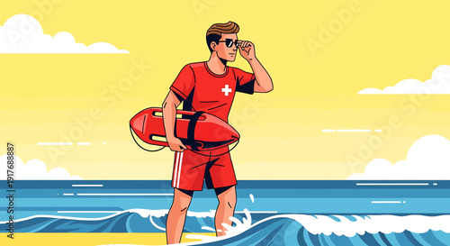 Lifeguard on duty watching the ocean for safety, summer beach scene