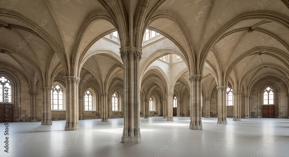 Fototapeta premium A large empty room with arches and columns in a gothic style architecture