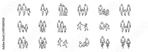 Family Vector Set with Parents and Children, Flat Line Icons of People Walking, Playing, and Cycling, Minimalist Human Figures for Architectural Floor Plans, Site Maps, and Infographic Illustration