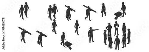 Construction workers silhouettes on architectural floor plan blueprint background, civil engineers team working, building site development with laborers, isometric vector illustration isolated