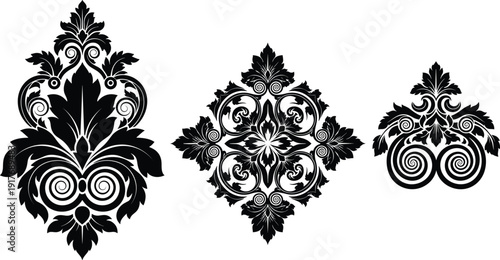 Vintage ornamental damask elements black and white vector illustration set, decorative floral scroll patterns isolated on white background for luxury design