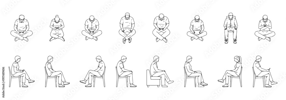 Obraz premium Minimalist line art illustration of diverse people sitting and using smartphones, digital connection and social media addiction concept, modern hand drawn vector drawing isolated on white background