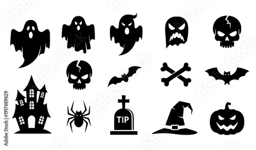 Halloween ghost icon bundle vector creepy silhouettes skull haunted set isolated on transparent background