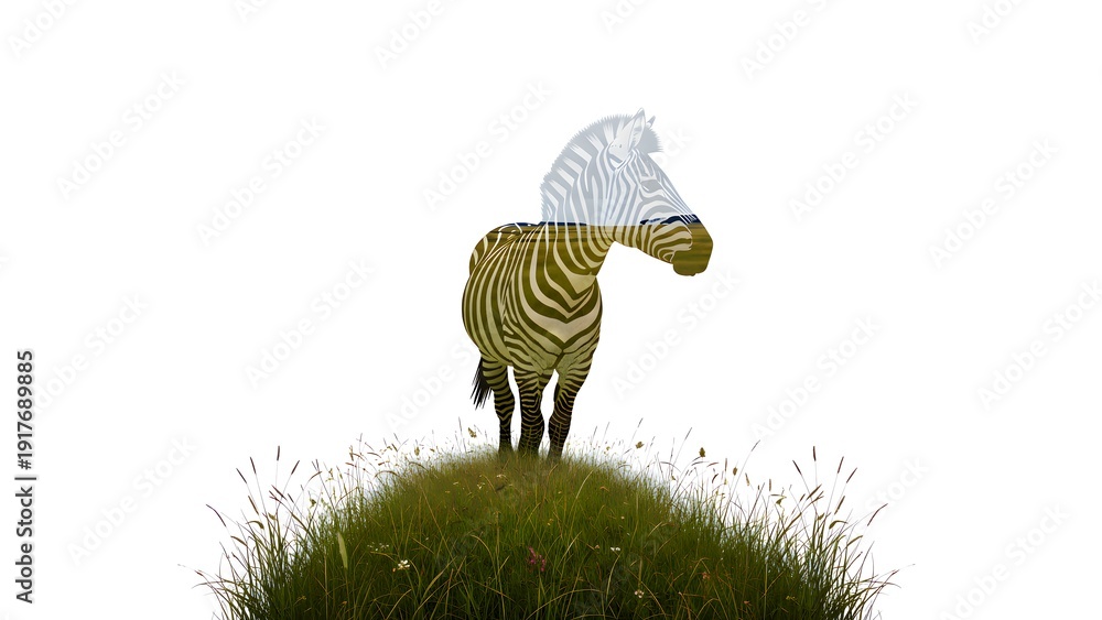 Fototapeta premium Conceptual double exposure artwork featuring a stylized zebra silhouette overlaid with vibrant green savanna grass texture standing atop a small grassy mound.