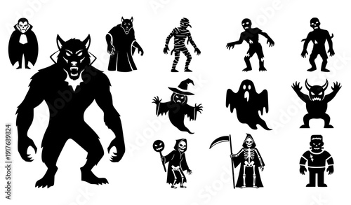 Halloween monster silhouette icon set vector spooky creepy characters isolated on transparent background