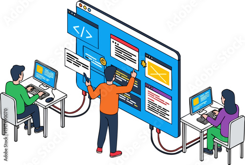 Isometric web development team working on a large blue browser window with code and content elements. Two developers are coding on desktop computers while a third person manages the interface