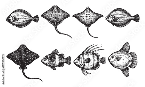 A collection of stylized fish and ray illustrations in black and white, resembling vintage engravings. Suitable for educational materials, seafood menus, and nautical designs.