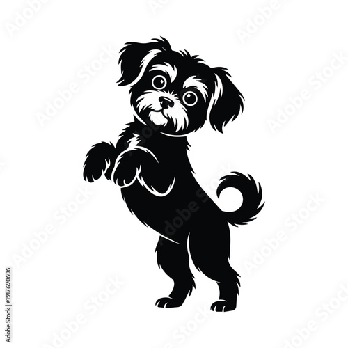 Black silhouette of a cute dog standing on hind legs, looking curious, vector