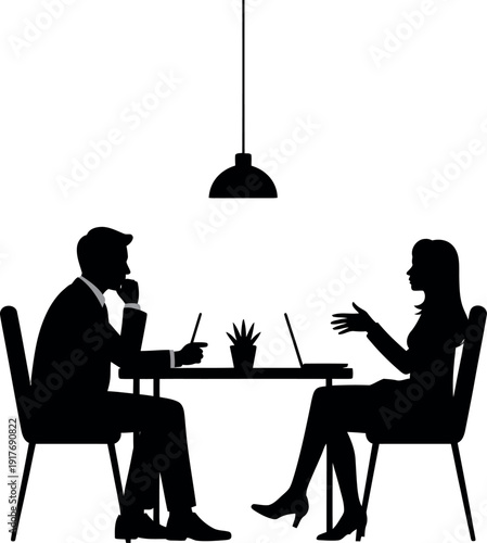 Business meeting silhouette with laptop and plant discussion