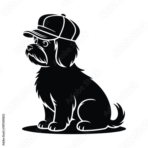 Cute black dog wearing a baseball cap, sitting and looking aside, vector art