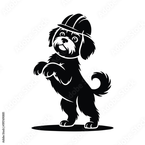 Energetic black dog in a hard hat, standing on hind legs, ready to work, vector