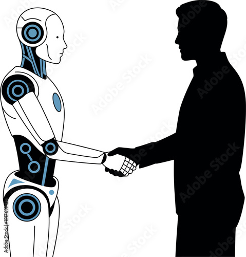 Robot and man handshake with blue circles on robot Keywords: robot, human, handshake