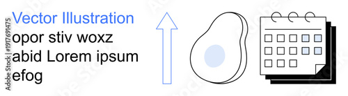Data planning, scheduling, healthy lifestyle, growth, abstract concepts, organization. Features an arrow pointing upward, an avocado and a calendar graphic. Scheduling and healthy lifestyle